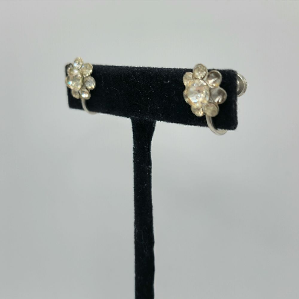 5/$25 Vintage silver crystal flower screwback earrings - Picture 2 of 11